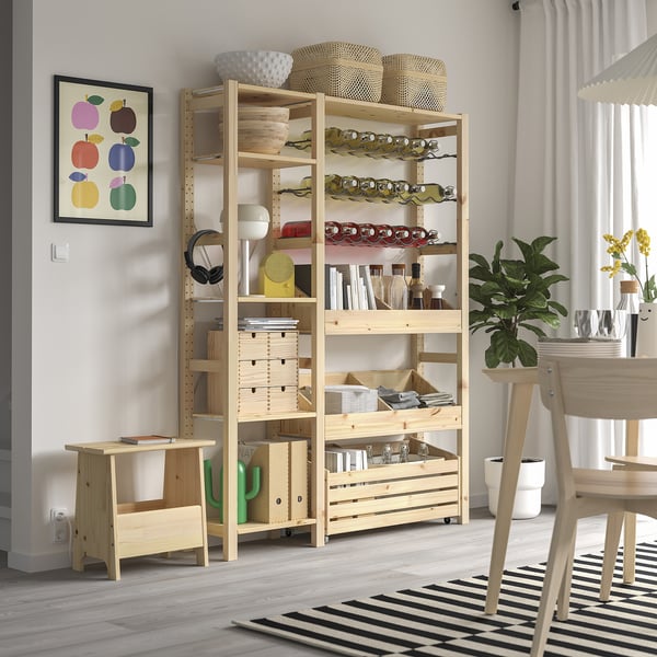 IVAR - Combination of shelves, with wine rack and 2 containers/pine, 134x30x179 cm.
