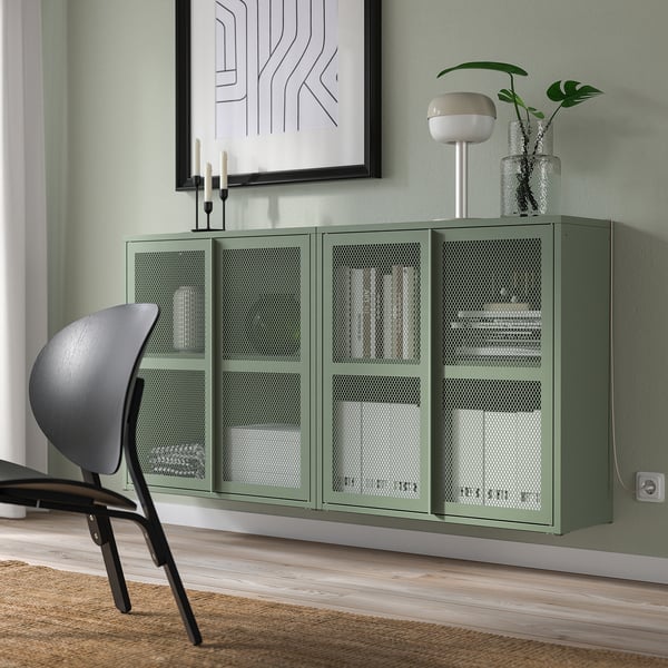 IVAR - Cabinet with doors, grey-green mesh, 160x30x83 cm
