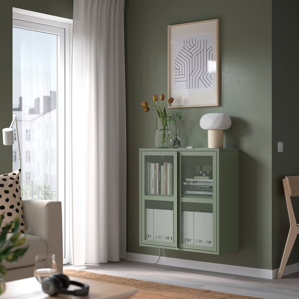IVAR - IVAR Cabinet with doors, grey-green mesh, 80x83 cm