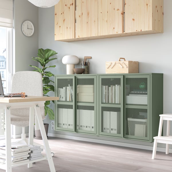 IVAR - Cabinet with doors, grey-green mesh, 160x30x83 cm