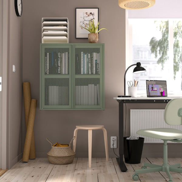 IVAR - Cabinet with doors, grey-green mesh, 80x83 cm