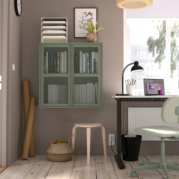 IVAR cabinet with doors, grey-green mesh, 80x83 cm