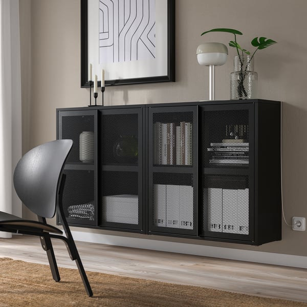 IVAR cabinet with doors, black mesh, 160x30x83 cm
