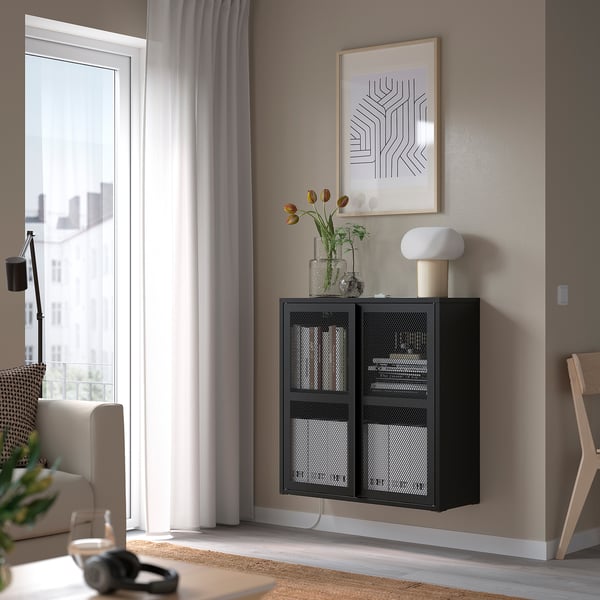 IVAR cabinet with doors, black mesh, 80x83 cm