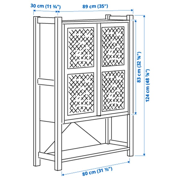 IVAR - Cabinet with doors, pine/grey-green mesh, 89x30x124 cm