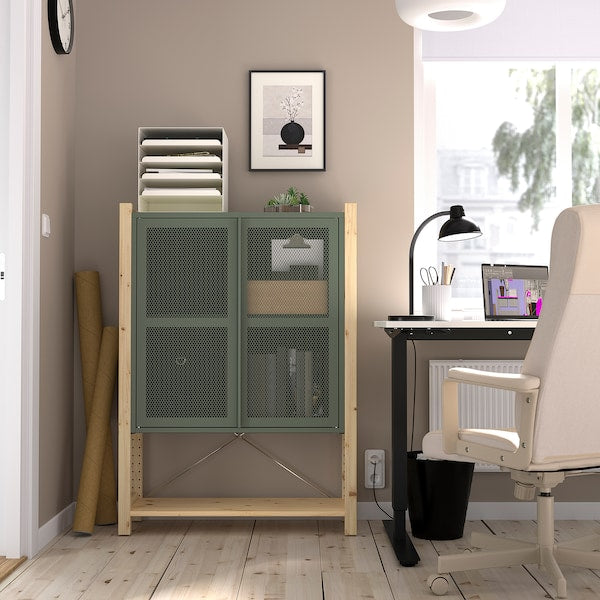 IVAR - Cabinet with doors, pine/grey-green mesh, 89x30x124 cm