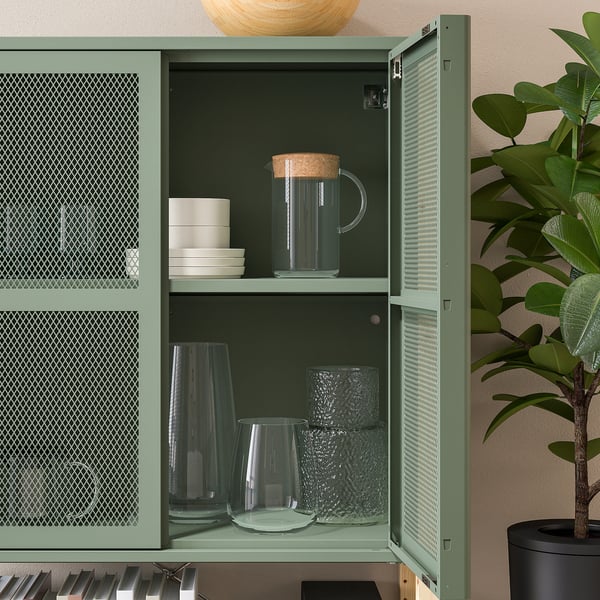 IVAR cabinet with doors, pine/grey-green mesh, 89x30x124 cm