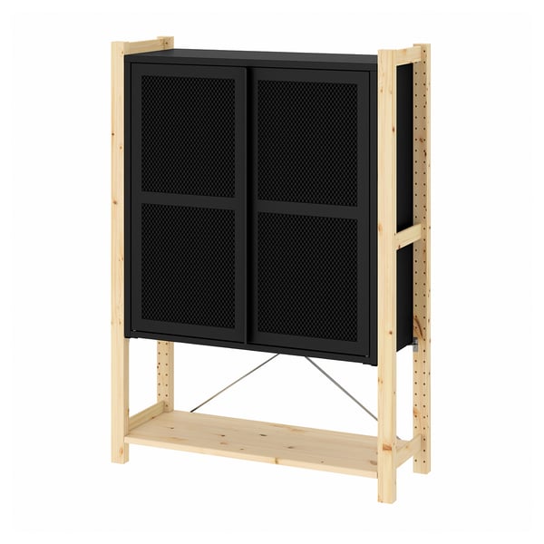 IVAR cabinet with doors, pine/black mesh, 89x30x124 cm