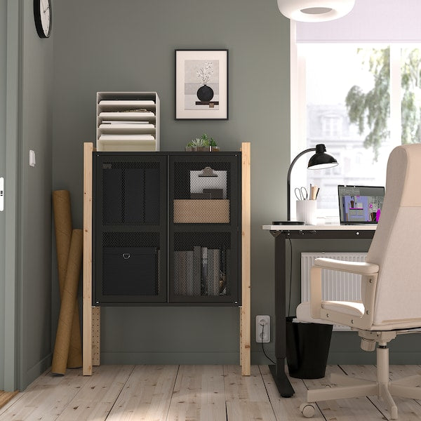 IVAR - Cabinet with doors, pine/black mesh, 89x30x124 cm