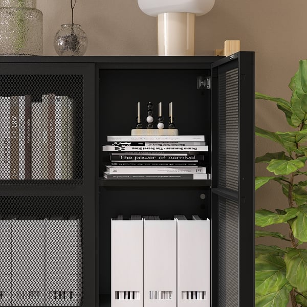 IVAR cabinet with doors, pine/black mesh, 89x30x124 cm