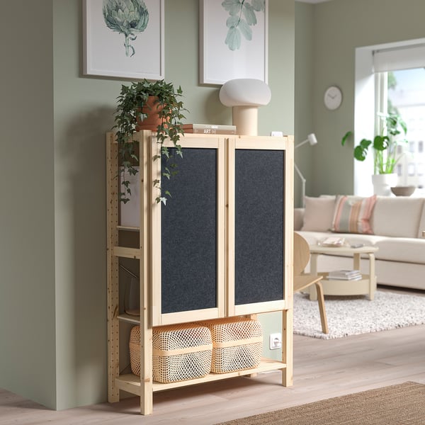 IVAR shelving unit with doors, pine/felt, 89x30x124 cm