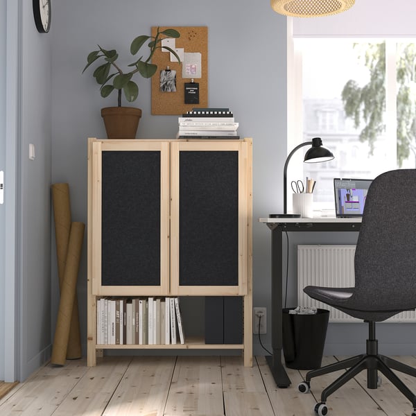 IVAR shelving unit with doors, pine/felt, 89x30x124 cm