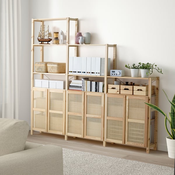 IVAR shelving unit with doors, pine, 259x30x226 cm