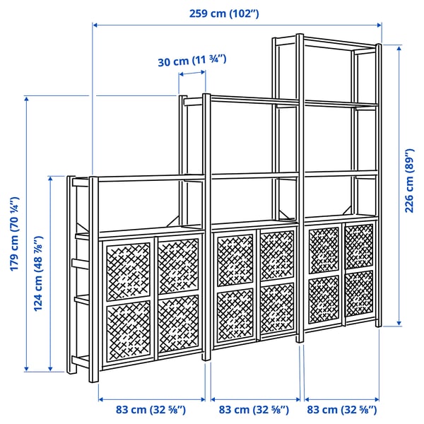 IVAR - IVAR Shelving unit with doors, pine, 259x30x226 cm