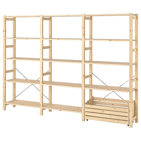 IVAR shelving unit with storage box, pine, 259x30x179 cm