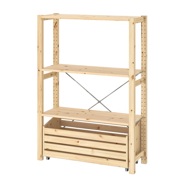 IVAR shelving unit with storage box, pine, 89x30x124 cm