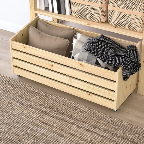 IVAR shelving unit with storage box, pine, 89x30x124 cm