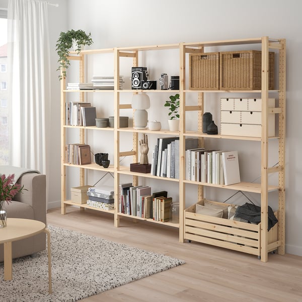IVAR shelving unit with storage box, pine, 259x30x179 cm
