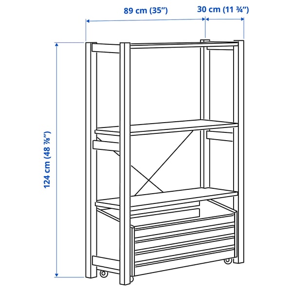 IVAR shelving unit with storage box, pine, 89x30x124 cm