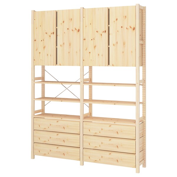 IVAR - Shelving unit w cabinets/drawers, pine, 174x30x226 cm