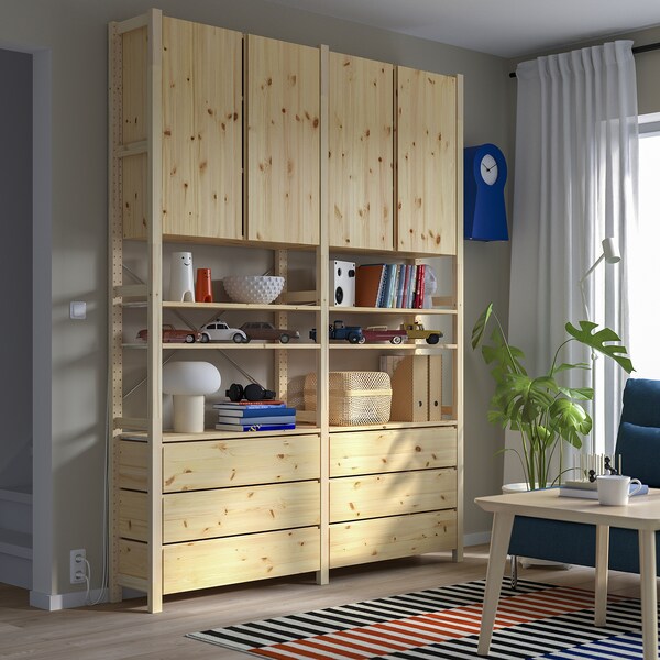 IVAR shelving unit w cabinets/drawers, pine, 174x30x226 cm