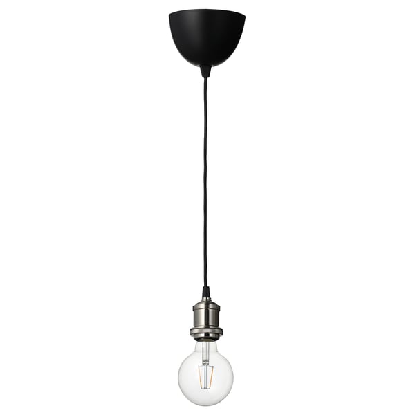 JÄLLBY / LUNNOM - Pendant lamp with light bulb, nickel-plated/globe clear