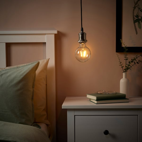 JÄLLBY / LUNNOM - Pendant lamp with light bulb, nickel-plated/globe clear