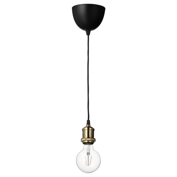 JÄLLBY / LUNNOM - Pendant lamp with light bulb, brass-plated globe/clear