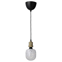 JÄLLBY / MOLNART - Pendant lamp with bulb, brass-plated/tubular glass white/transparent