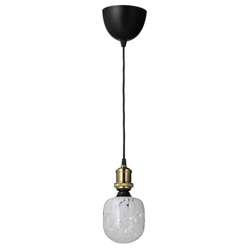 JÄLLBY / MOLNART - Pendant lamp with bulb, brass-plated/tubular glass white/transparent