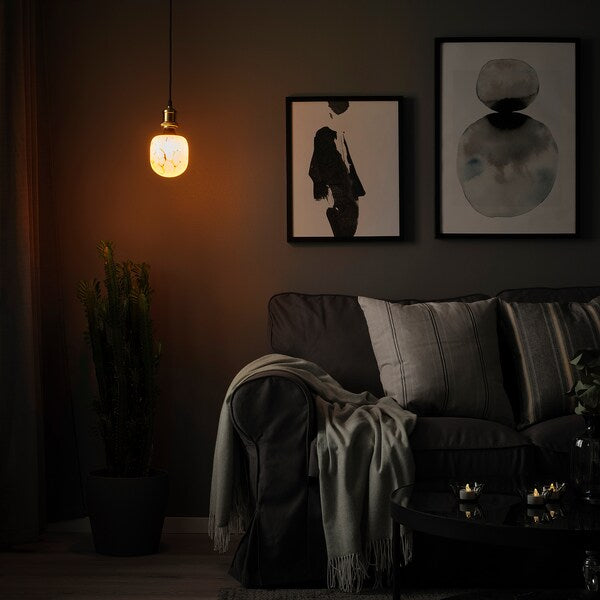 JÄLLBY / MOLNART - Pendant lamp with bulb, brass-plated/tubular glass white/transparent