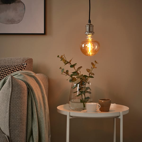 JÄLLBY / MOLNART pendant lamp with light bulb, textile nickel-plated/mushroom brown clear glass
