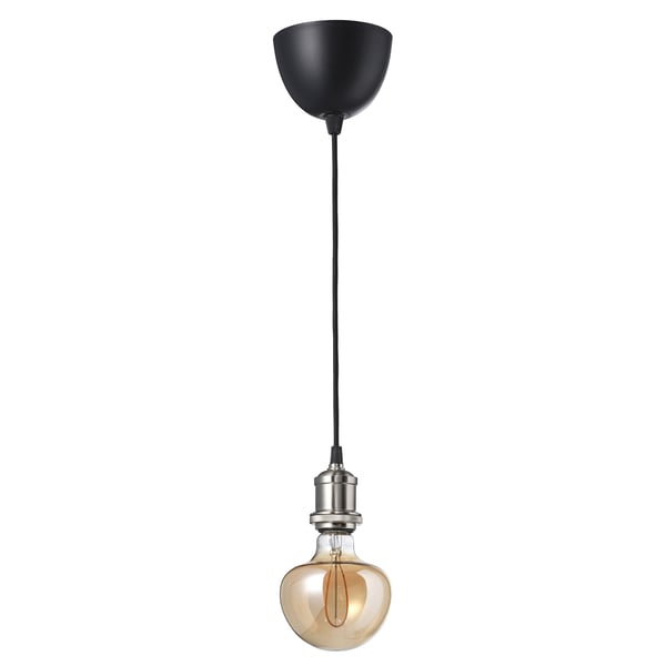 JÄLLBY / MOLNART pendant lamp with light bulb, textile nickel-plated/mushroom brown clear glass
