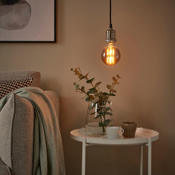 JÄLLBY / MOLNART pendant lamp with light bulb, textile nickel-plated/globe grey clear glass, 95 mm