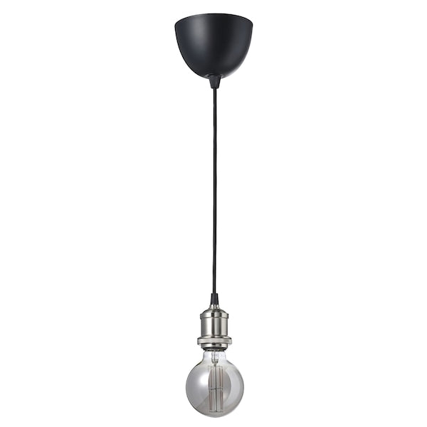 JÄLLBY / MOLNART - Pendant lamp with bulb, nickel-plated fabric/globe transparent glass gray