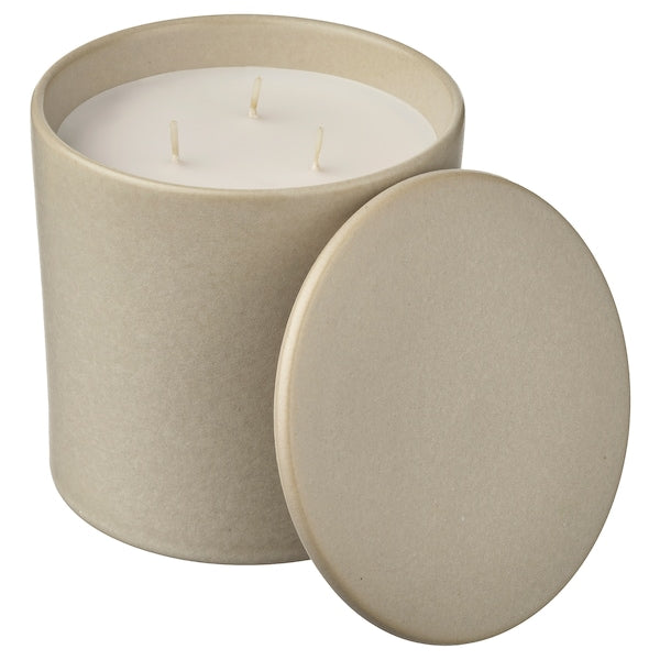 JÄMLIK - Scented candle in ceramic jar w lid, Vanilla/light beige, 60 hr