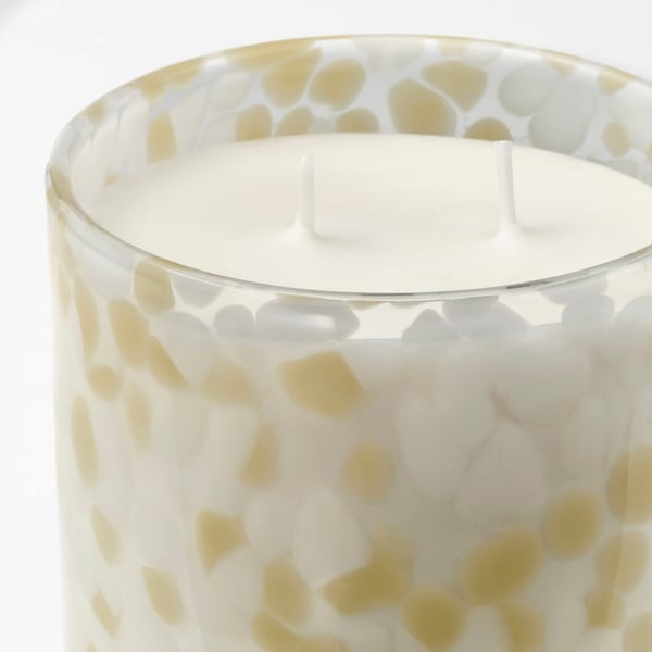 JÄMLIK scented candle in glass, 2 wicks, Vanilla/light grey-beige, 50 h