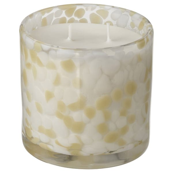 JÄMLIK - Scented candle in glass, 2 wicks, Vanilla/light grey-beige, 50 hr