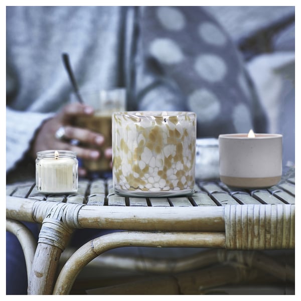 JÄMLIK scented candle in glass, 2 wicks, Vanilla/light grey-beige, 50 hr