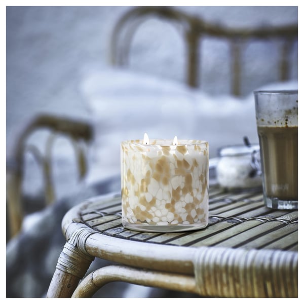 JÄMLIK scented candle in glass, 2 wicks, Vanilla/light grey-beige, 50 h