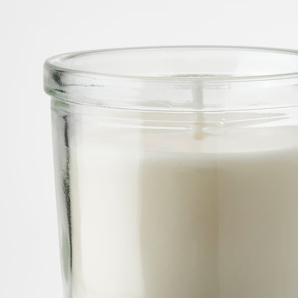 JÄMLIK scented candle in glass, Vanilla/light beige, 20 hr