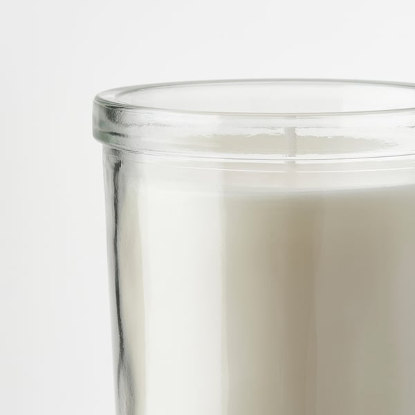 JÄMLIK scented candle in glass, Vanilla/light beige, 40 hr