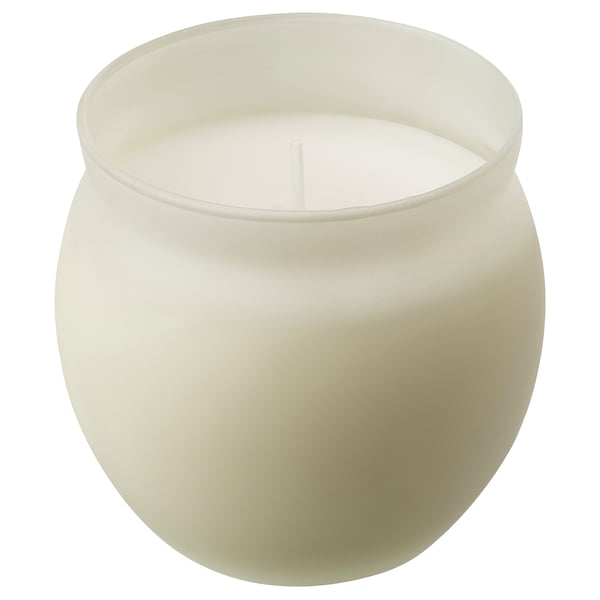JÄMLIK scented candle in glass, Vanilla/light beige, 50 hr