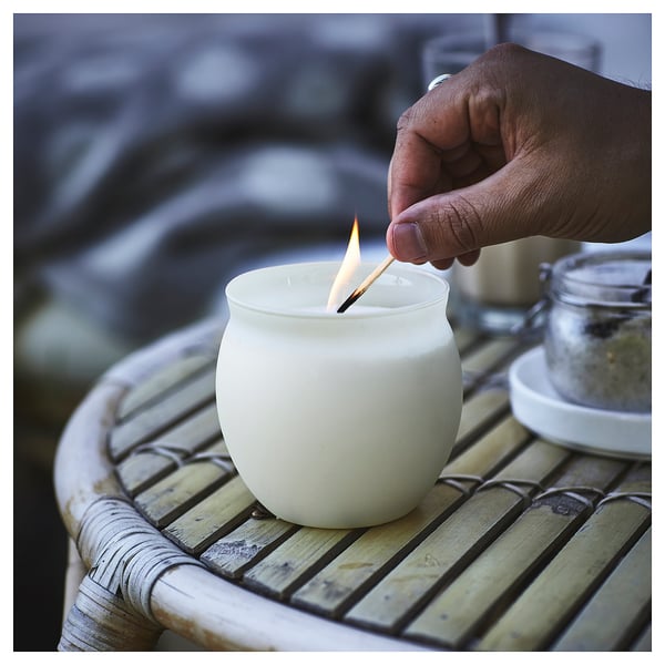 JÄMLIK scented candle in glass, Vanilla/light beige, 50 hr