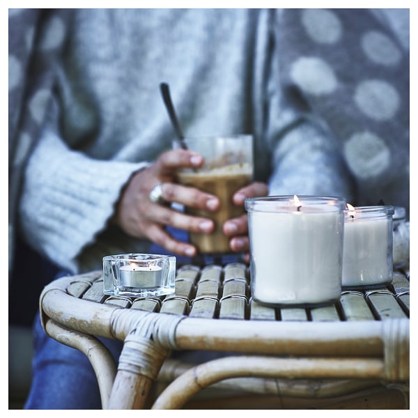 JÄMLIK scented candle in glass, Vanilla/light beige, 20 hr