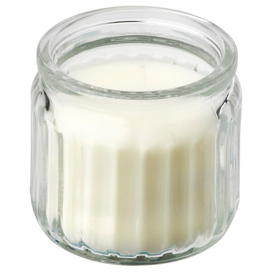 JÄMLIK - Scented candle in glass, Vanilla/light beige, 12 hr