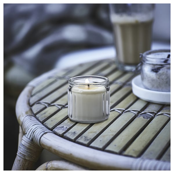 JÄMLIK scented candle in glass, Vanilla/light beige, 12 hr
