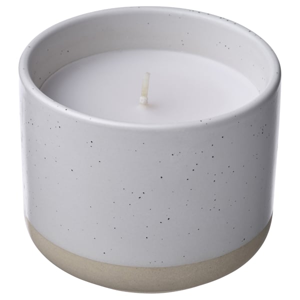 JÄMLIK scented candle in ceramic jar, Vanilla/white, 25 h