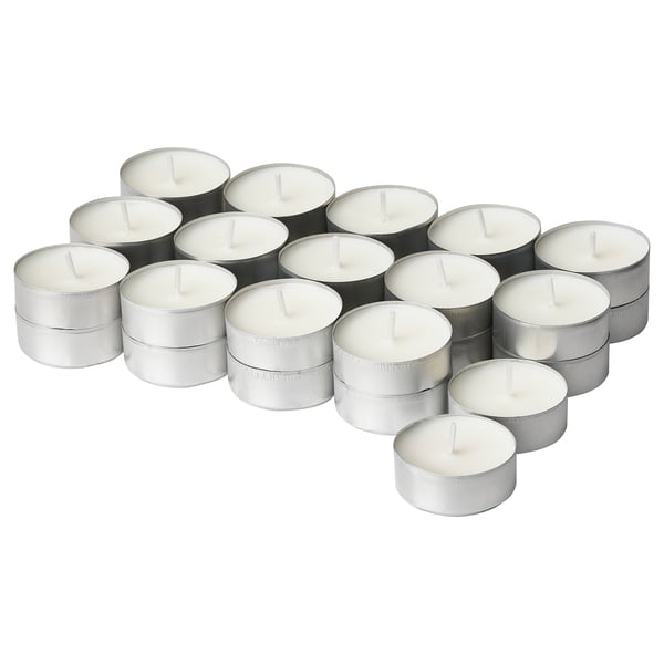 JÄMLIK scented tealight, Vanilla/light beige, 3.5 hr, 30 pack