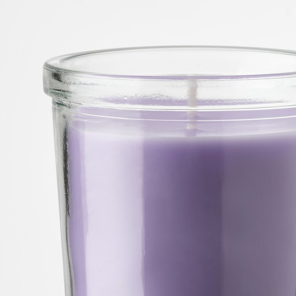 JÄMNMOD - Scented candle in glass, Sweet pea/purple, 20 hr